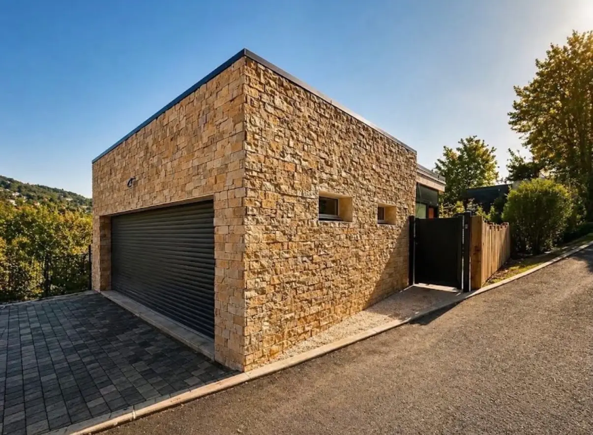 Maison contemporaine habillée d’un parement en pierre naturelle aux teintes chaudes avec garage